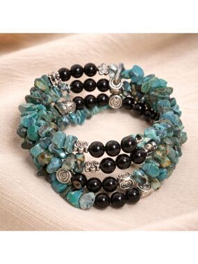 Turquoise & Black Onyx Style Coil Wrap Bracelet – Boho Southwestern – New
